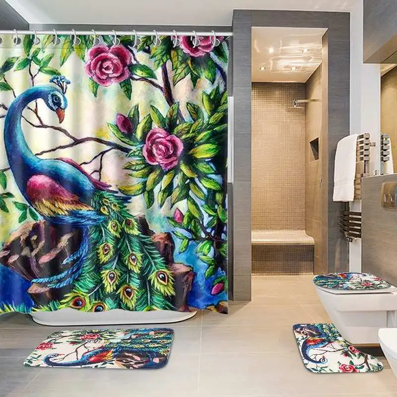 Colorful Flower Peacock Bathroom Non-slip Mat Set Durable Waterproof Shower Curtain Set Pedestal Rug Lid Toilet Cover Bath Mat