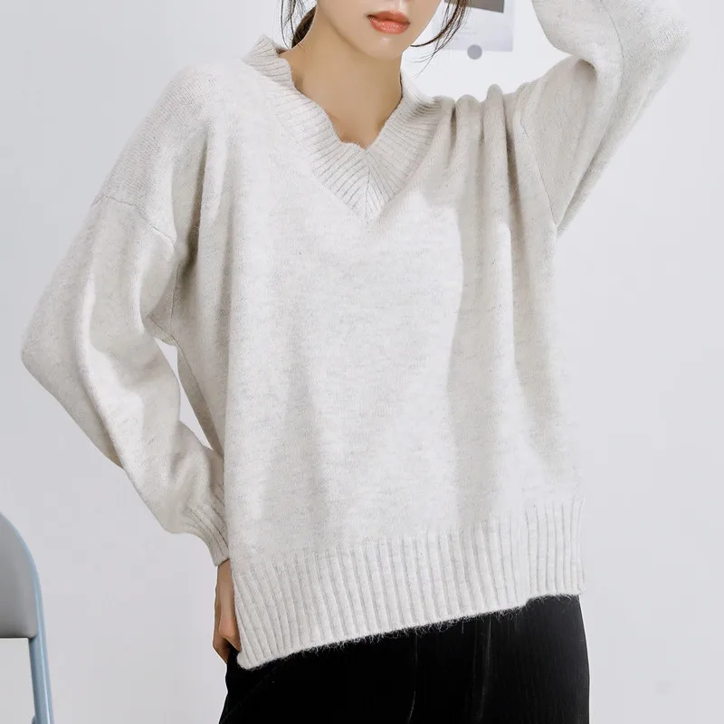 

Women's Long Sleeve V-Neck Pullover Ladies Knitwear Sweaters Solid Color Loose Knitted Tops Spring Autumn Fashion New 2023