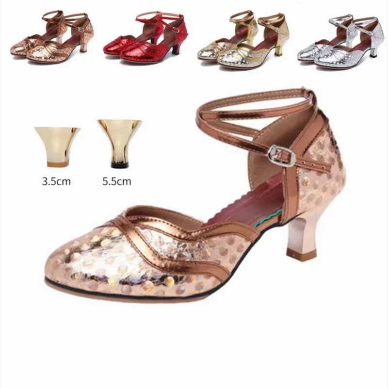 

New Women's Glitter Leather Latin Dance Shoes Closed Toe Soft Sole Salsa Modern Shoe Tango Outdoor Dancing Shoes 3.5/5.5CM Heel