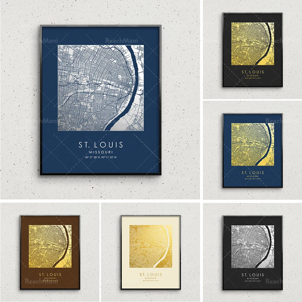 St. Louis map printing, gold and silver St. Louis square map, St. Louis wall decoration, St. Louis street map, Father's Day gift