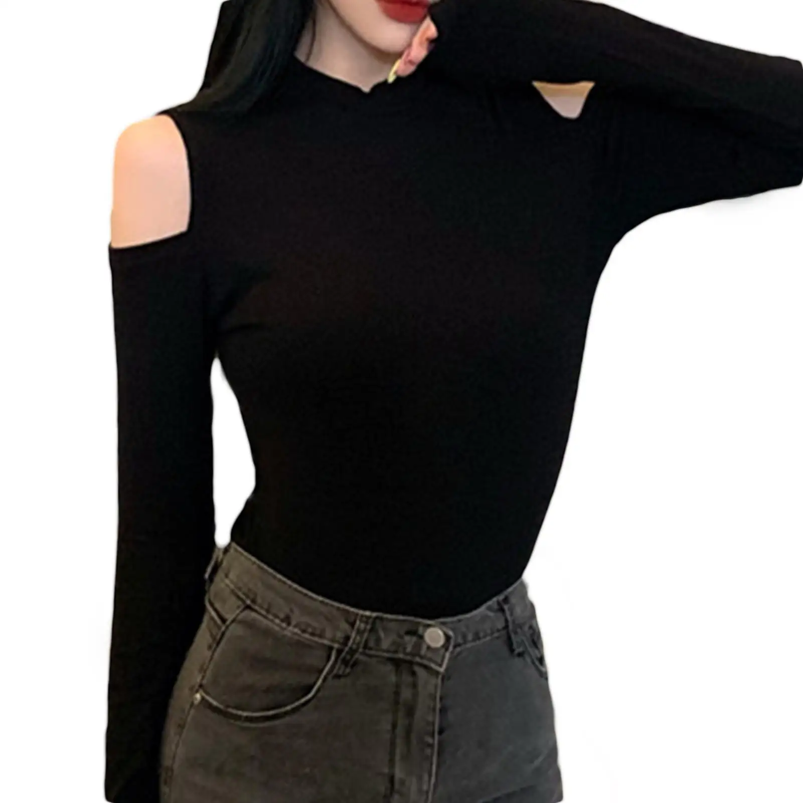 T-shirt Women 2021 Solid Color Cold Shoulder Long Sleeve Skinny T Shirt Mock Neck Slim fit Tshirt