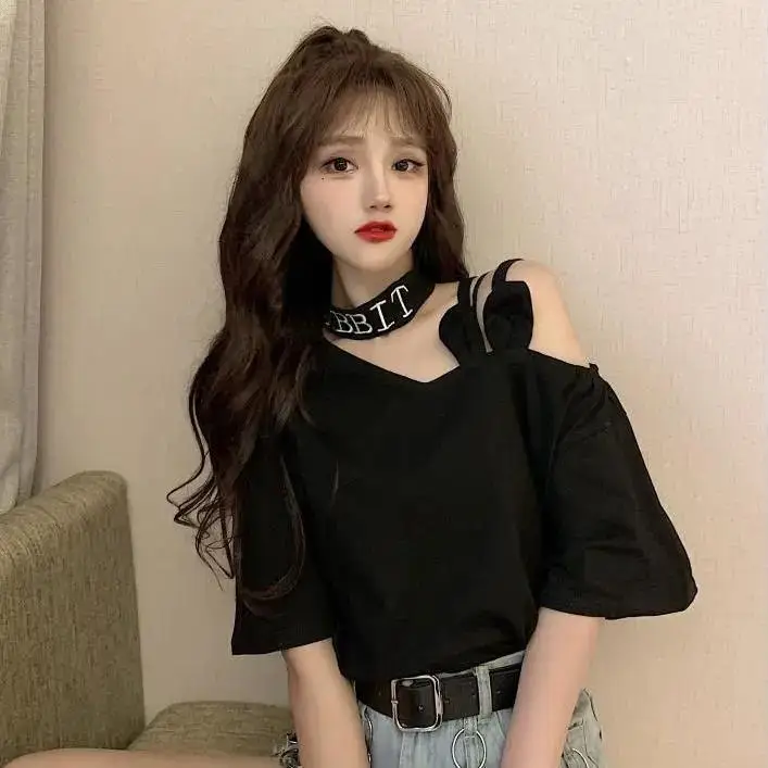 Midi Tops Loose Short Sleeve Korean Clothes Women\'s T-shirt Summer Pulovers T Shirt Sexy Casual Elegant Plain Fashion Backless