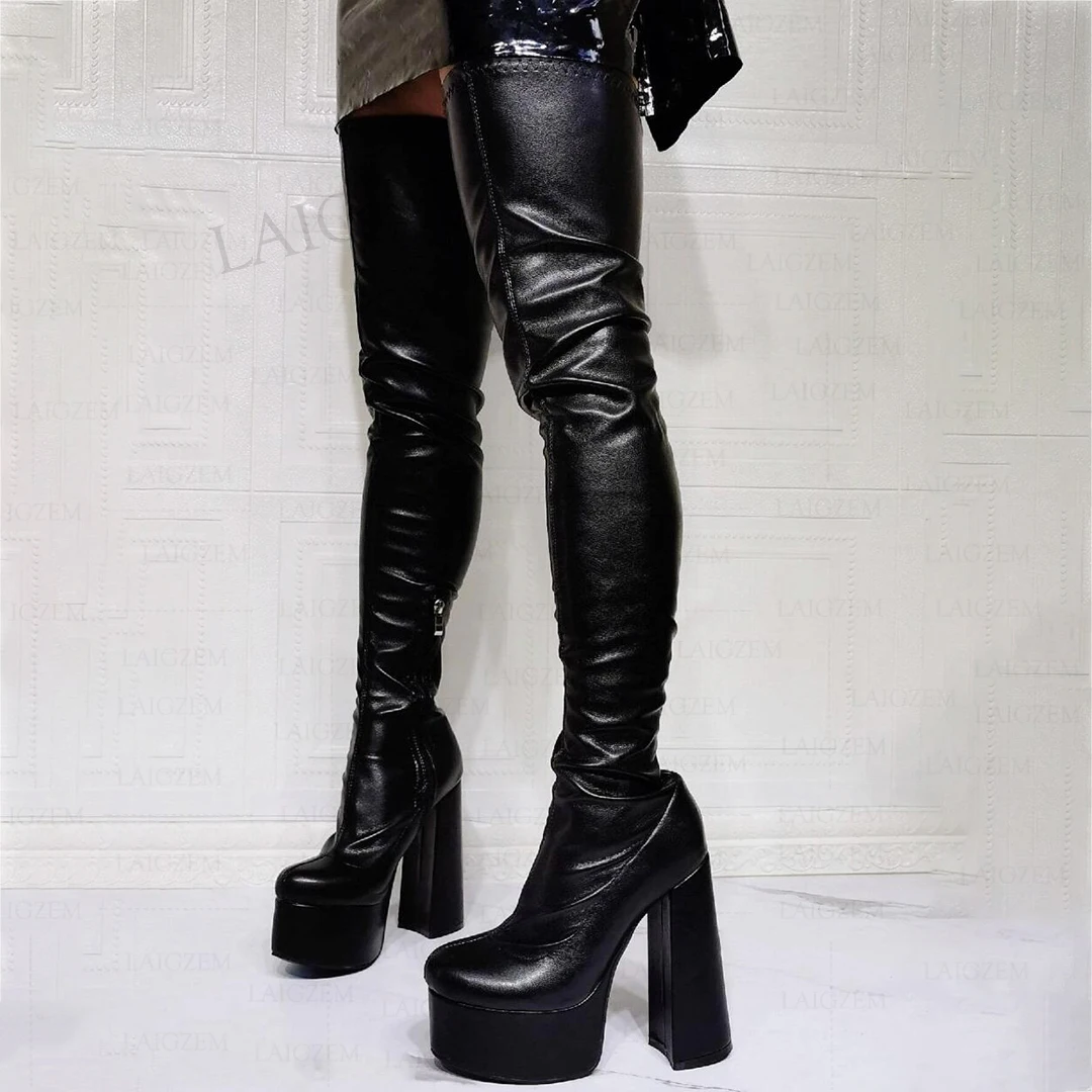 LAIGZEM Women Thigh High Boots Elastic Platform Thick Heels Over Knee Boots Handmade Ladies Female Shoes Woman Big Size 41 44 47