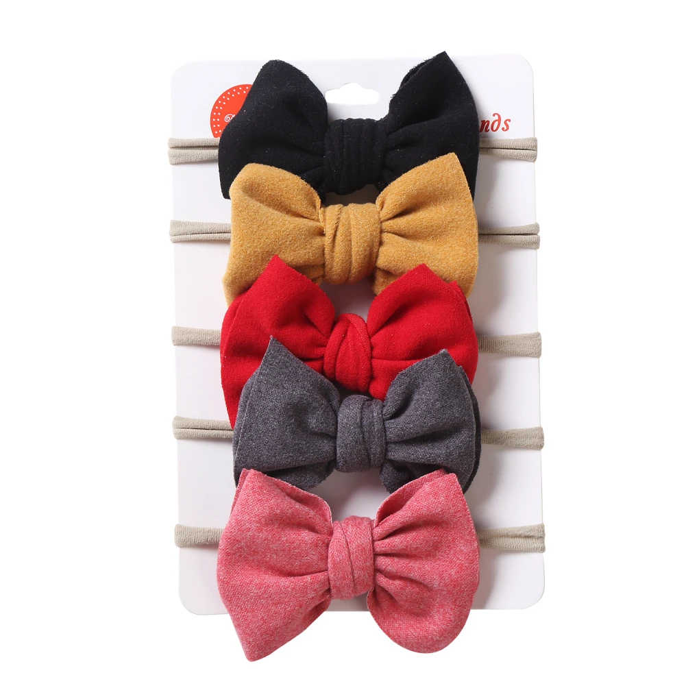 5Pcs/Lot Solid Bow Headband Faux Suede Polyester Waffle Elastic Nylon Hair Bands Newborn Fashion Baby Boys Girls Headwraps