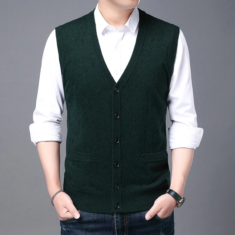 

New 2021 Male Wool Cardigan Autumn & Winter Buttons Up Knitwear Sleeveless Sweater Man Casual V-Neck Knit Cardigan Vest