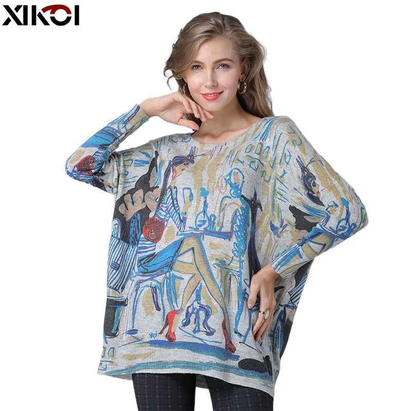 XIKOI Oversize Fashion Women Sweaters Casual Print Regular Warm Pullovers Long Sleeve O-Neck Elegant Lady Sweater Jumper