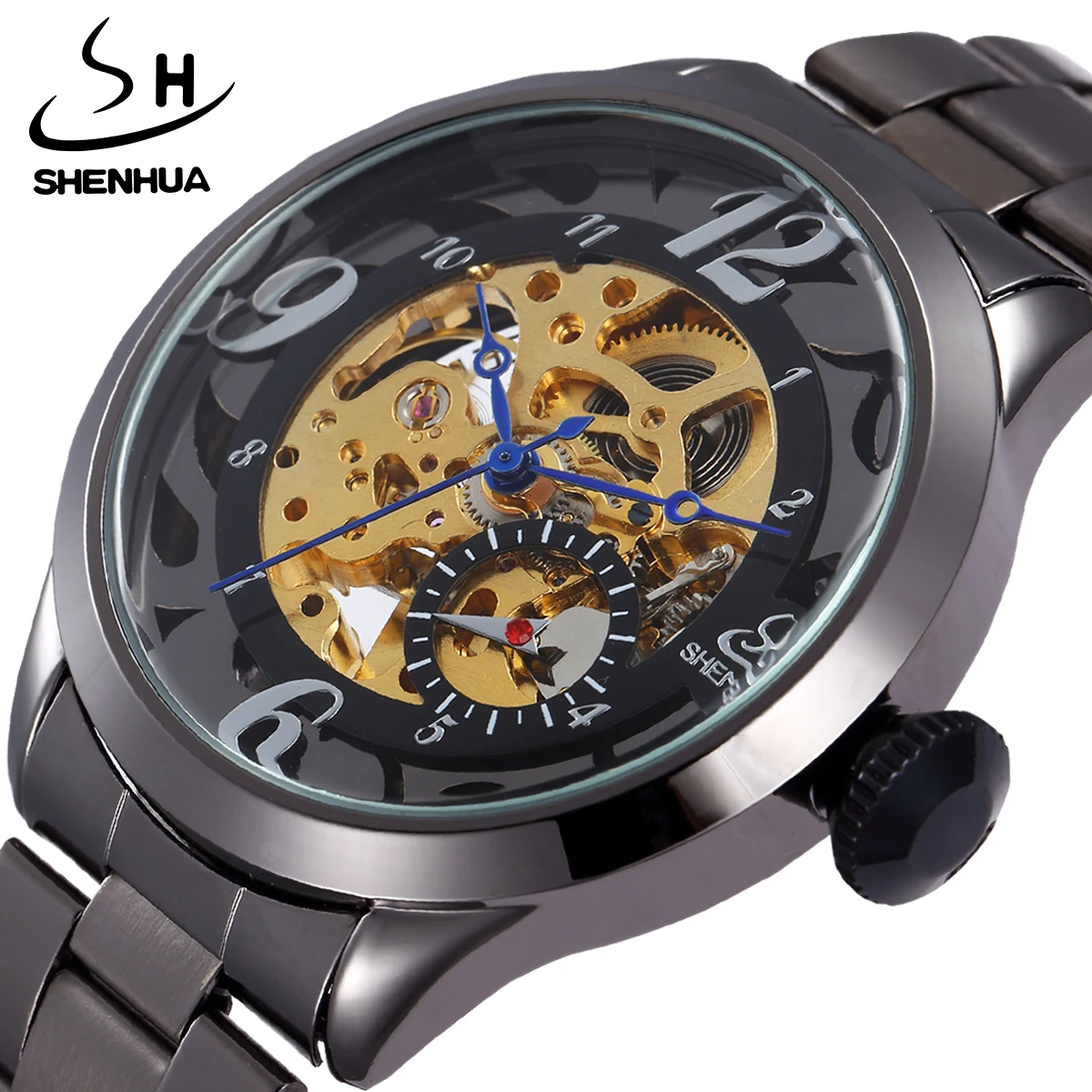 

SHENHUA Vintage New Fashion Military Style Men Automatic Mechanical Winding Watch Industry Hollow Movement Case Stainless Steel