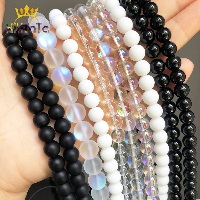 Natural Matte Black White Agates White Tridacna Crystal Glass Round Beads For Diy Bracelet Jewelry Making 15'' 4 6 8 10 12mm