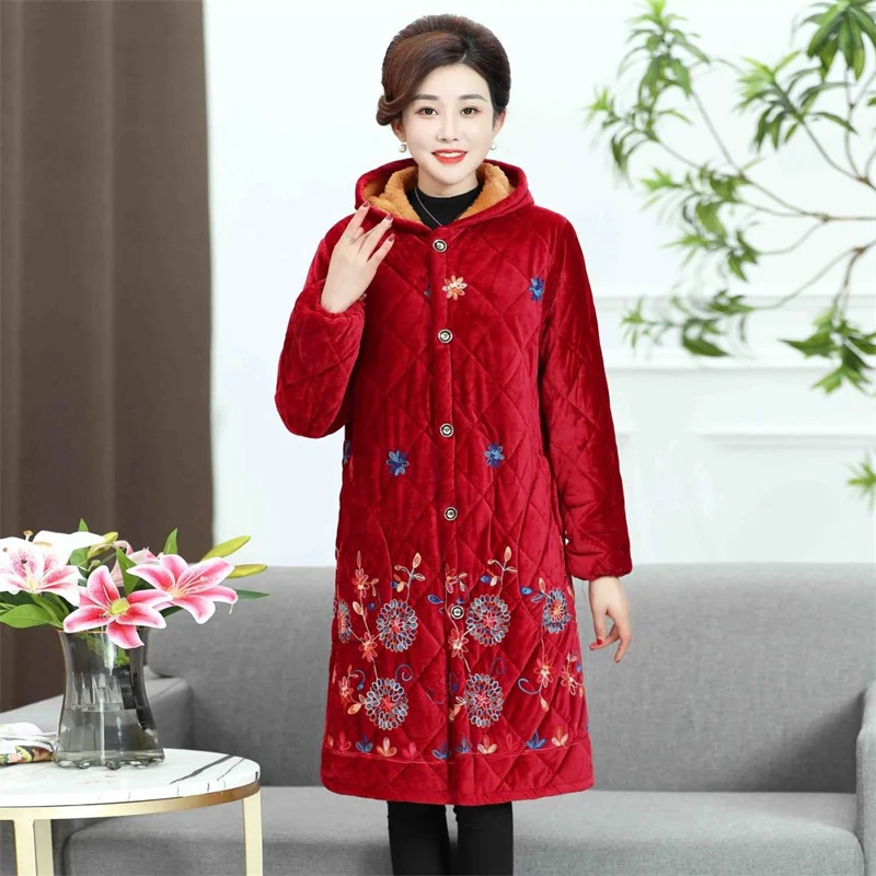 2025 Middle-aged Elderly Winter Three-layer Velvet Cotton Adult Overalls Female Mothers Loose Korean Mid-length Coats A665