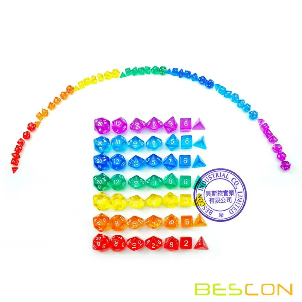 Bescon 49pcs Rainbow Gem Mini Polyhedral Dice Set in Long Tube, Rainbow RPG Dice 7X7pcs, Mini Gem Dice Set