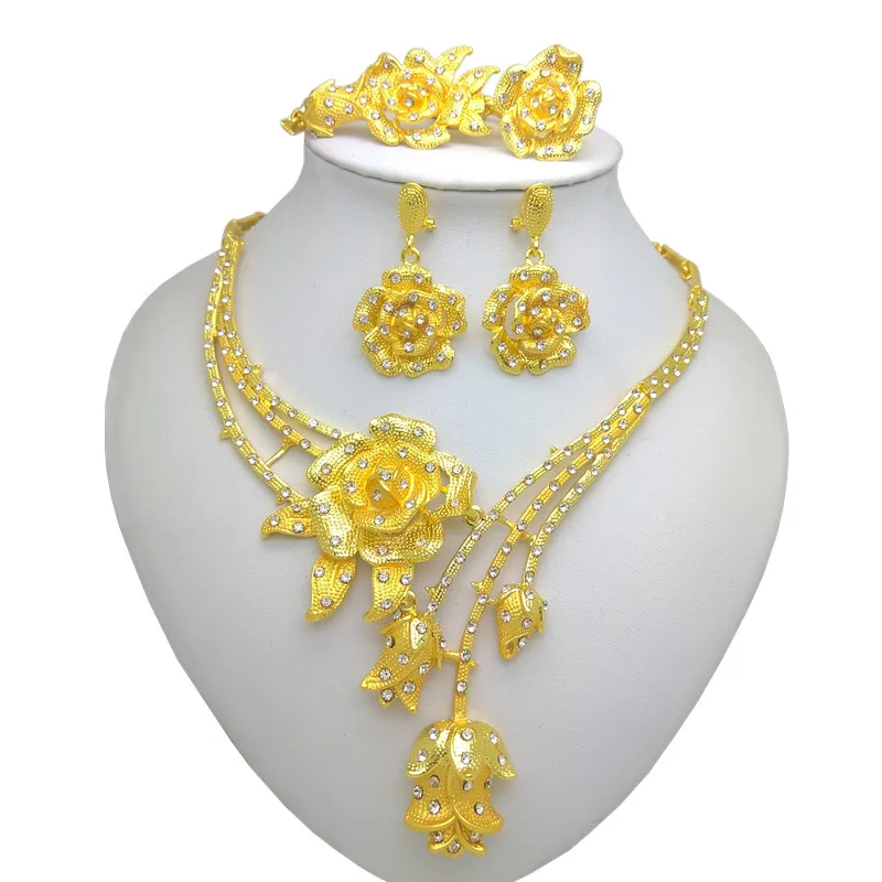 

Kingdom Ma Fashion Earring Bracelet Bangle Necklace Rose Flower Jewelry Set Gold Color Bridal Jewelry Sets for Women Wedding