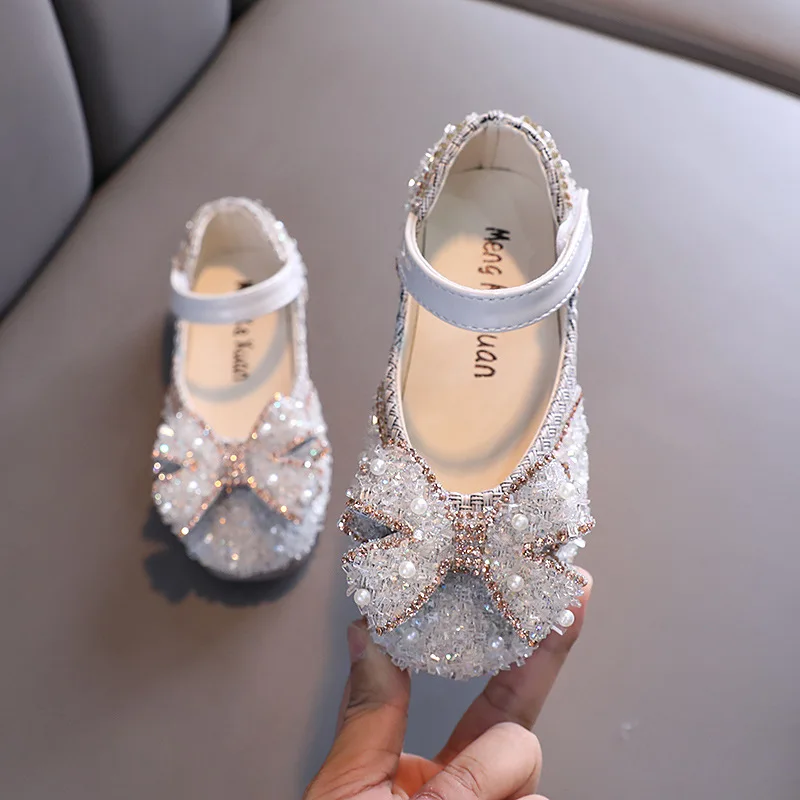 Girls Bow Leather Shoes Princess Sequin Rhinestone Children Dance Shoes Spring Autumn Kids Soft Single Shoes G47