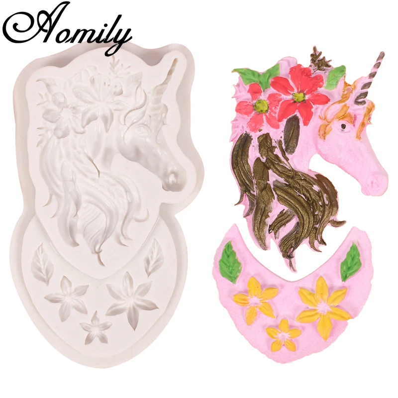 Aomily Unicorn Head Flowers Silicone Mold Chocolate Mousse Jelly Candy Bakeware Mold DIY Pastry Ice Block Soap Mould Baking Tool