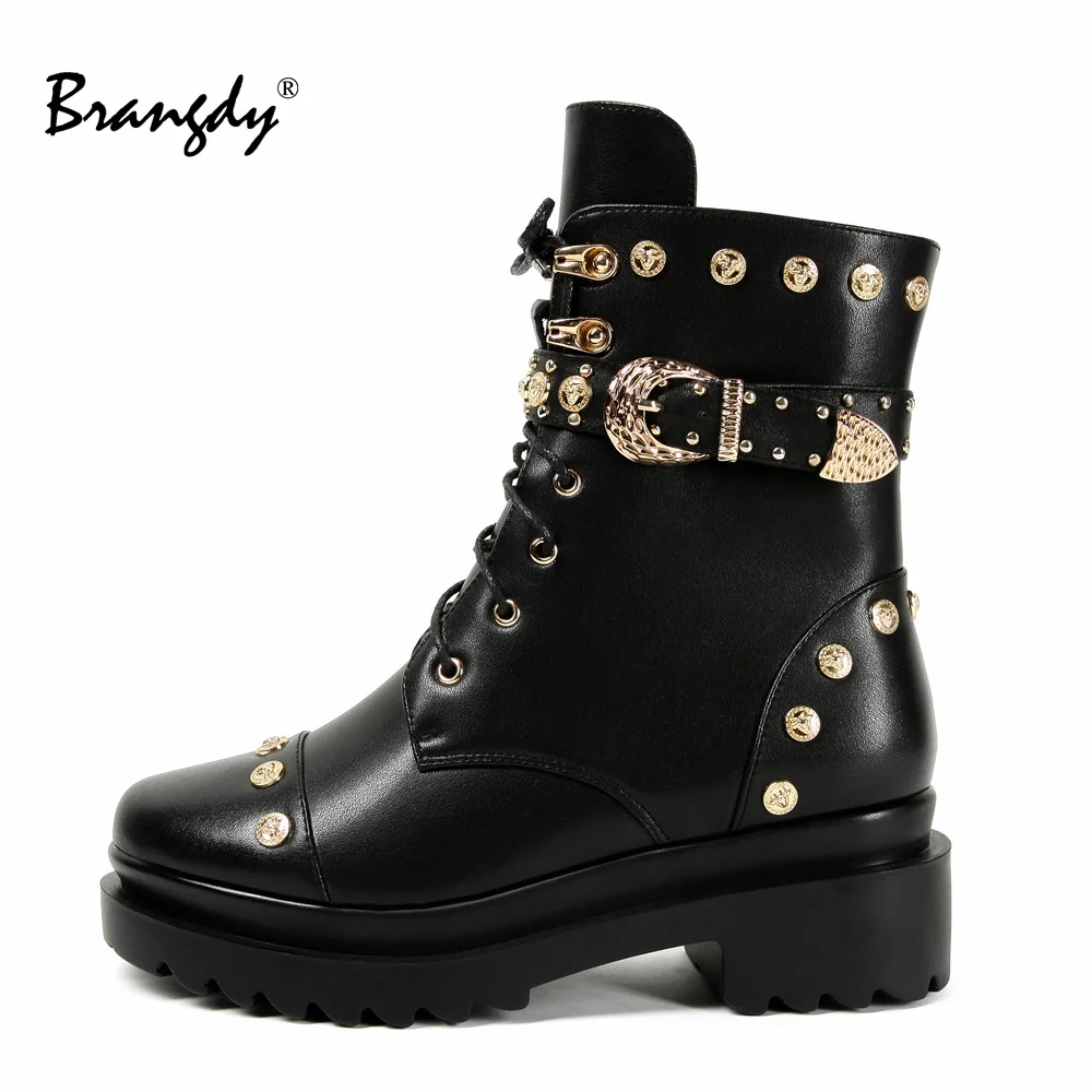 2024 New Fashion Matin Boots Women Platform Shoes Rivet Belt Punk Style Ankle Boots Sexy Chain Woman Motorcycle Boots Zapato