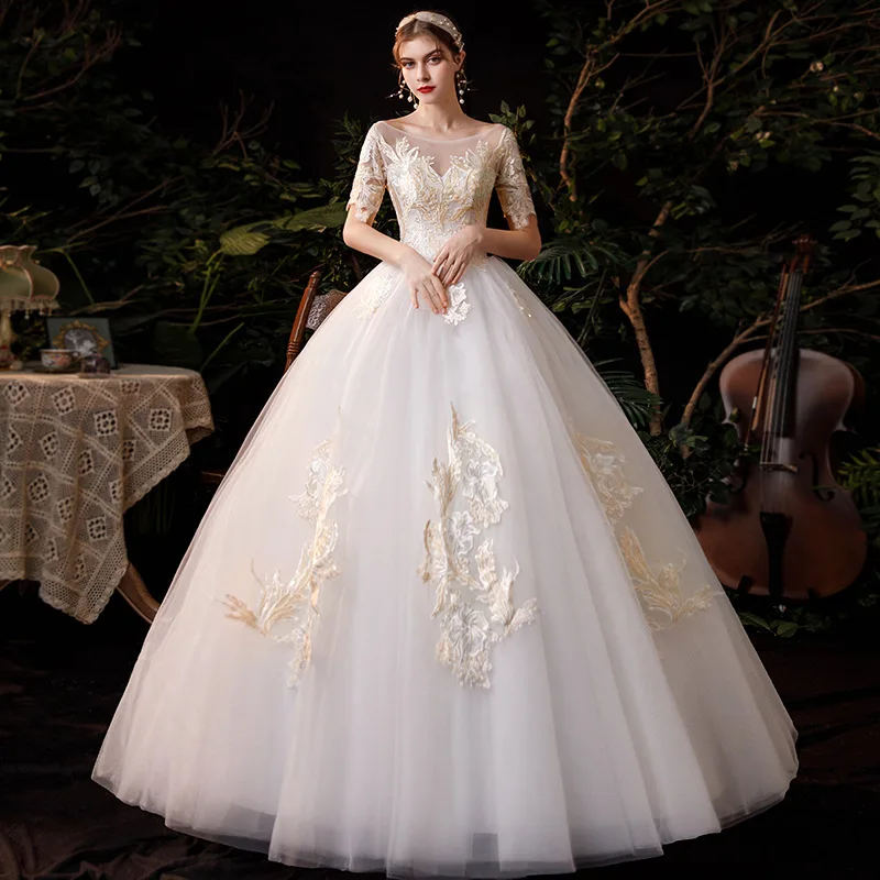 

Vestido De Noiva 2022 New Elegant Wedding Dress O Neck Half Sleeve Luxury Lace Embroidery Wedding Gown Floor-length Bride Dress