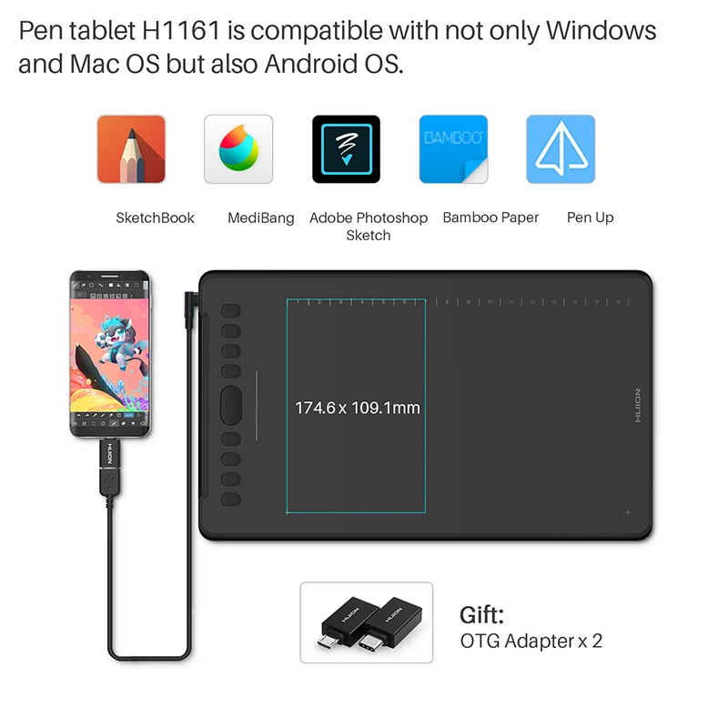 HUION H1161 Graphics Tablets Touch Strip 8192 Pen Pressure Drawing Tablet 10 Shortcut Keys Compatible with Android Windows Mac