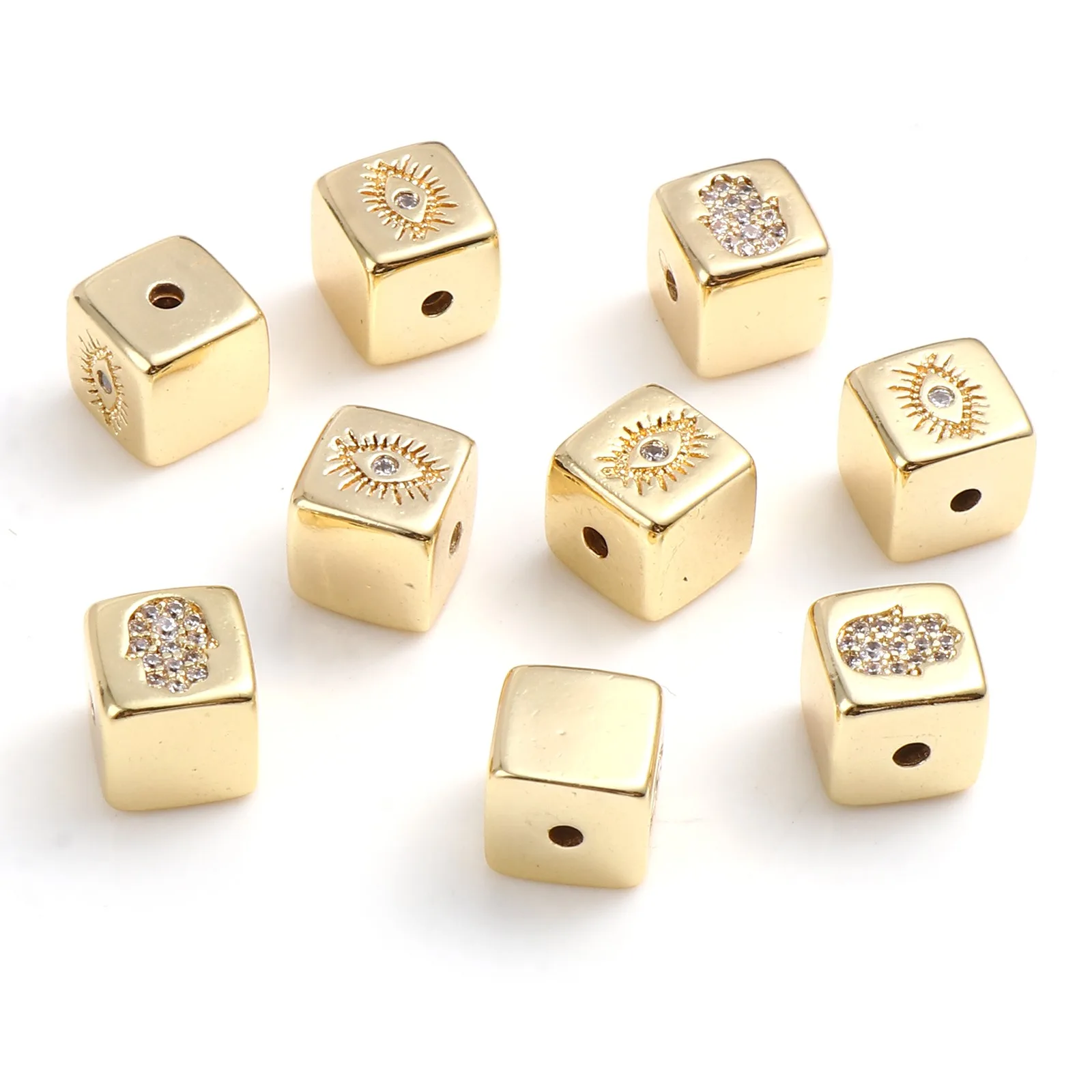 1PC Copper Micro Pave Square Beads Gold Color Clear Rhinestone Moon Eye Metal Loose Beads DIY Making Necklace Jewelry 7mm x 7mm