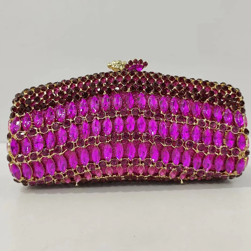 

Gold Metal Fuchsia Evening Bags Women Rhinestone Wedding Party Purse Luxury Fashion Diamond Prom Clutches Handbags Girls Purses