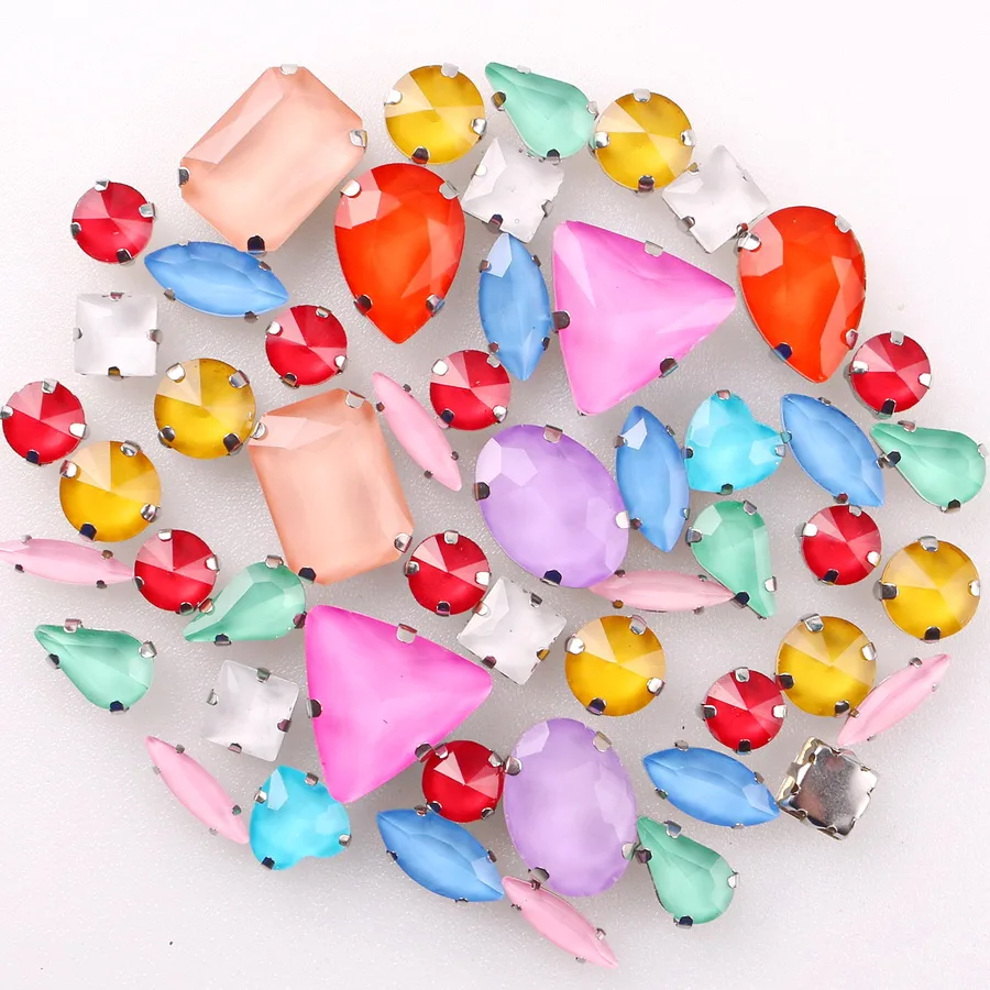Silberne Krallenfassungen, 50 Stück/Beutel, verschiedene Formen, Jelly Candy Weiß, Glaskristall zum Aufnähen, Strass für Hochzeitskleider, Schuhe, Taschen, DIY – Detail 4