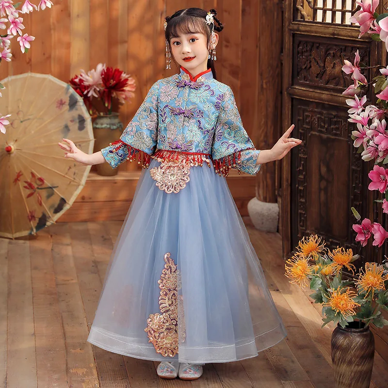 Meisjes Herfst Winter Nieuwe Chinese Stijl Traditionele Borduurwerk Hanfu Prinses Jurk Feestavond Prestaties Vestido Fairy Qipao