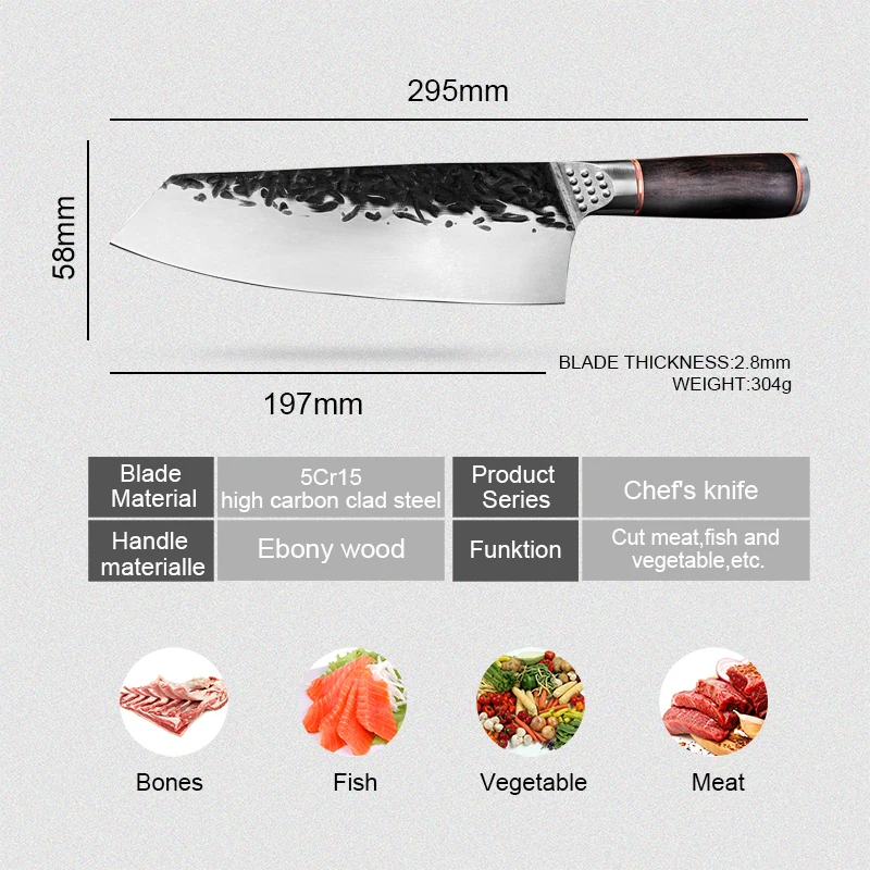 Japanese Chef Knife Handmade Forged Kiritsuke Kitchen Knife Stainless Steel Knife for Meat Fruit Fish Vegetables Butcher Knife