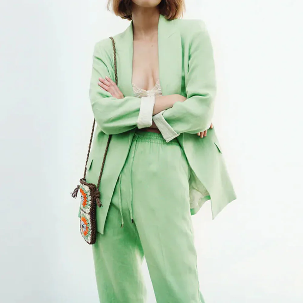 

Women Two-piece Pant Suit Blazer Solid Color Green Coat Vintage Long Sleeve Flip Pockets Female Outerwear Chic Basic Jackets