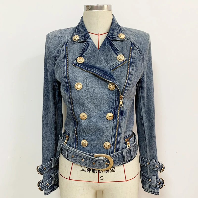 HIGH STREET Newest 2024 Designer Fashion Women\'s Lion Buttons Denim Motorcycle Biker Jacket