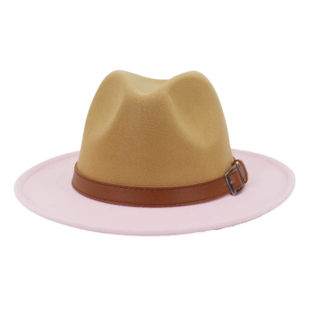 Trendy Camel and Pink Color Matching Fedora Hat Sombrero Panama Felt Jazz Cap Women Patchwork Party Formal Hat with Brown Belt