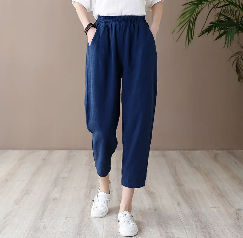 

Shanghai Story Women's Linen Cropped Pants Tapered Ankle Capris Trousers Elastic Waist 5 Color