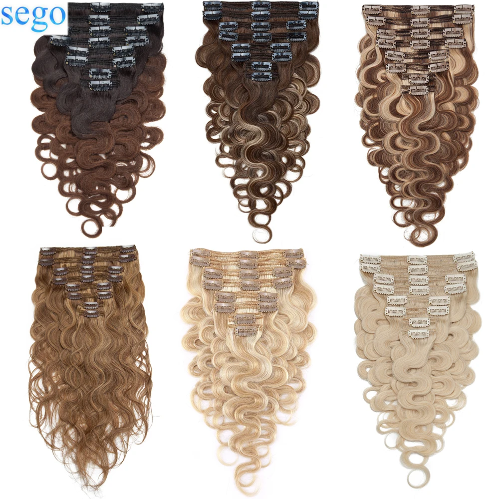 SEGO 140g Body Wave Clip In Hair Extensions Human Hair 8pc/set Hair Pieces for Women Double Weft Machine Remy Clip Ins