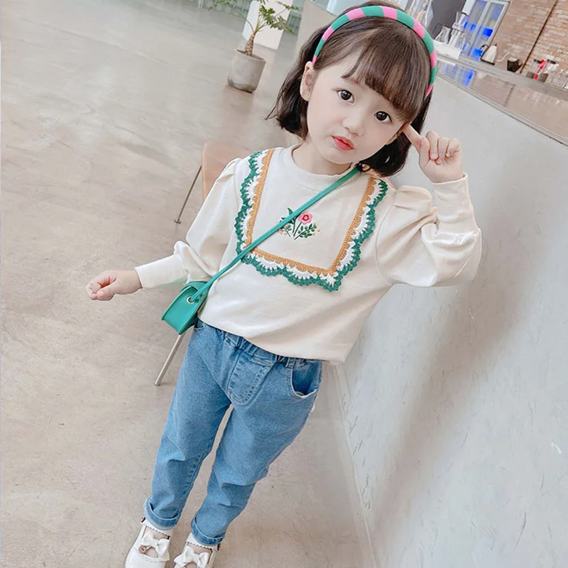 

Spring Autumn Sweet Kids Girl Children's Clothes Set Cute Kids Baby Girls Long Sleeve Embroider Top+ Jeans Outfits Suits