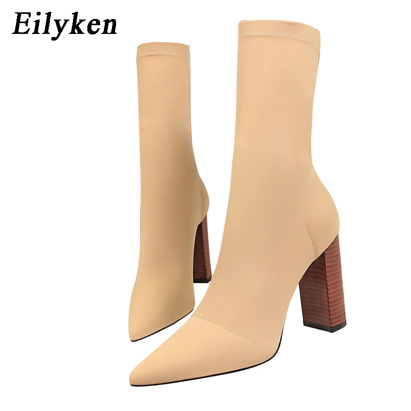 Eilyken Autumn Winter Comfort Stretch Sock Women Ankle Boots Fashion Square High Heel Pointed Toe Banquet Female Shoes