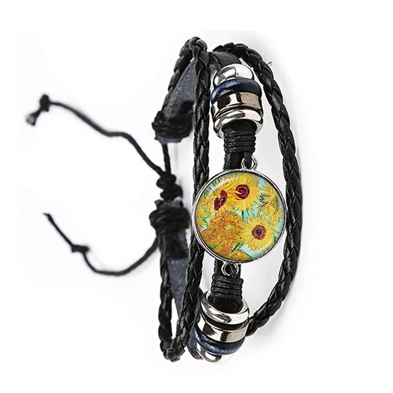 Fashion Simple Style Leather Bracelet Van Gogh Famous Artist Starry Night Adjustable Bangle Glass Cabochon Jewelry For Women Men