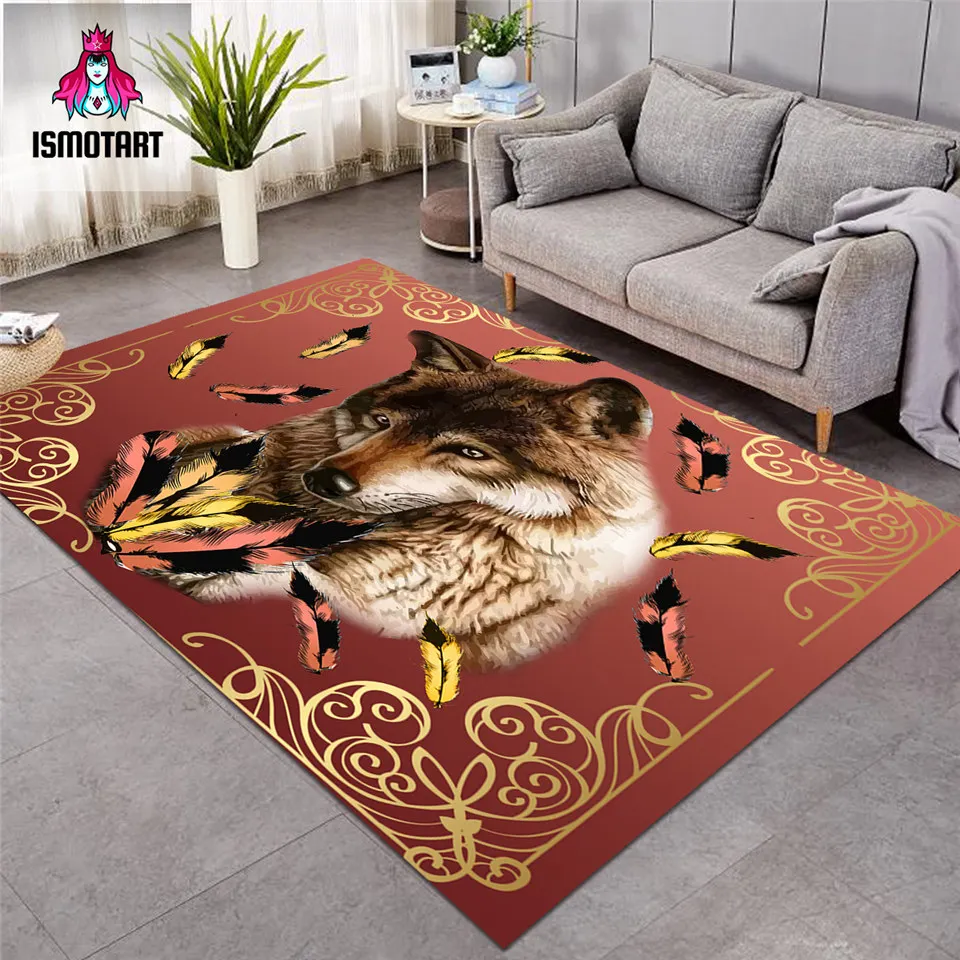 Royal Wolf Feather by Ismot Esha Floor Mat Dark Red Carpet Tribal Area Rug for Living Room Animal Center Rug 152x244 Tapis Salon