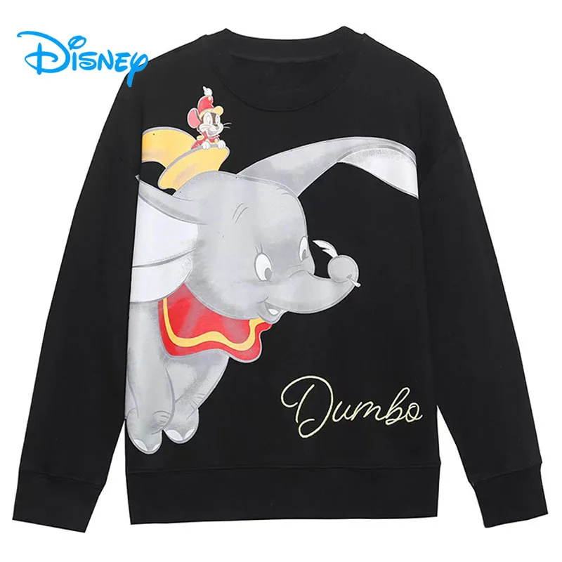 Disney Sweatshirt Women Cartoon Dumbo Elephant Timothy Q Mouse Print O Neck Pullover Harajuku Vintage Female Casual Tops Black