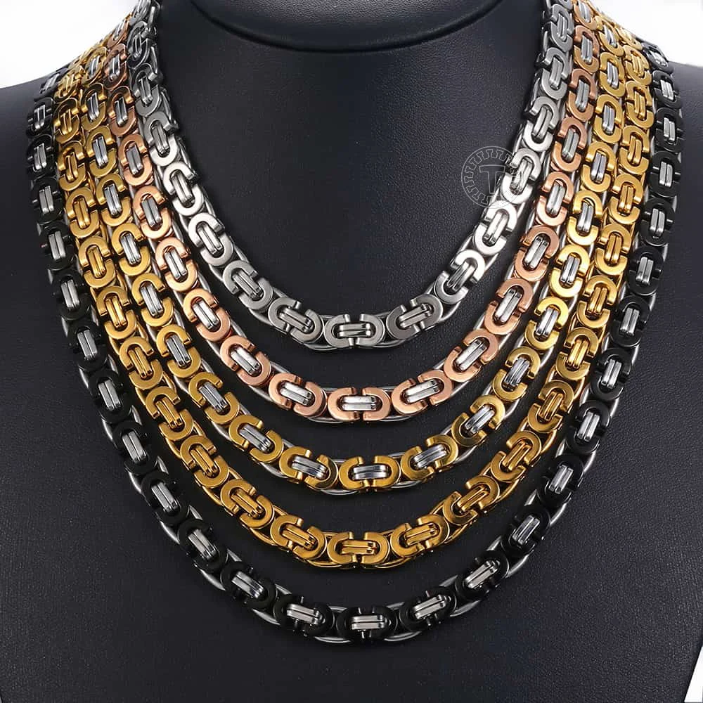 Davieslee Necklace for Men Flat Byzantine Link Black Gold Silver Color Chain Stainless Steel Vintage Jewelry 6/8/11mm LKNM22