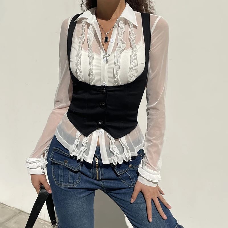 Darlingaga Vintage Dark Academia Breasted Corset Top Female Harajuku Vest Jacket Cropped Tank Tops Gothic Waistcoat Cute Summer