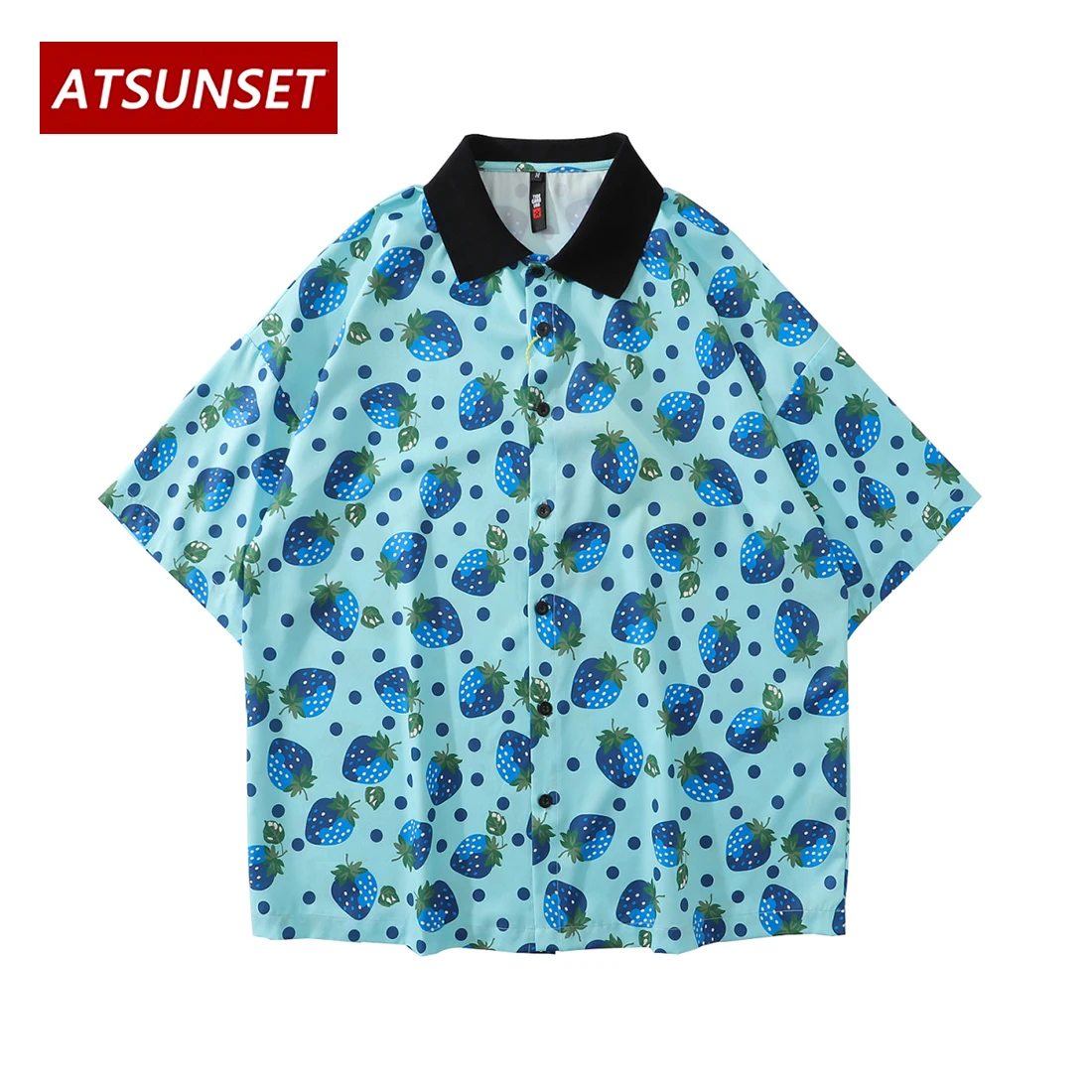 ATSUNSET Fruit Strawberry Full Print Shirt Hip Hop Streetwear Harajuku Shirt Hawaiian Short Sleeve Cotton Fashion Tops