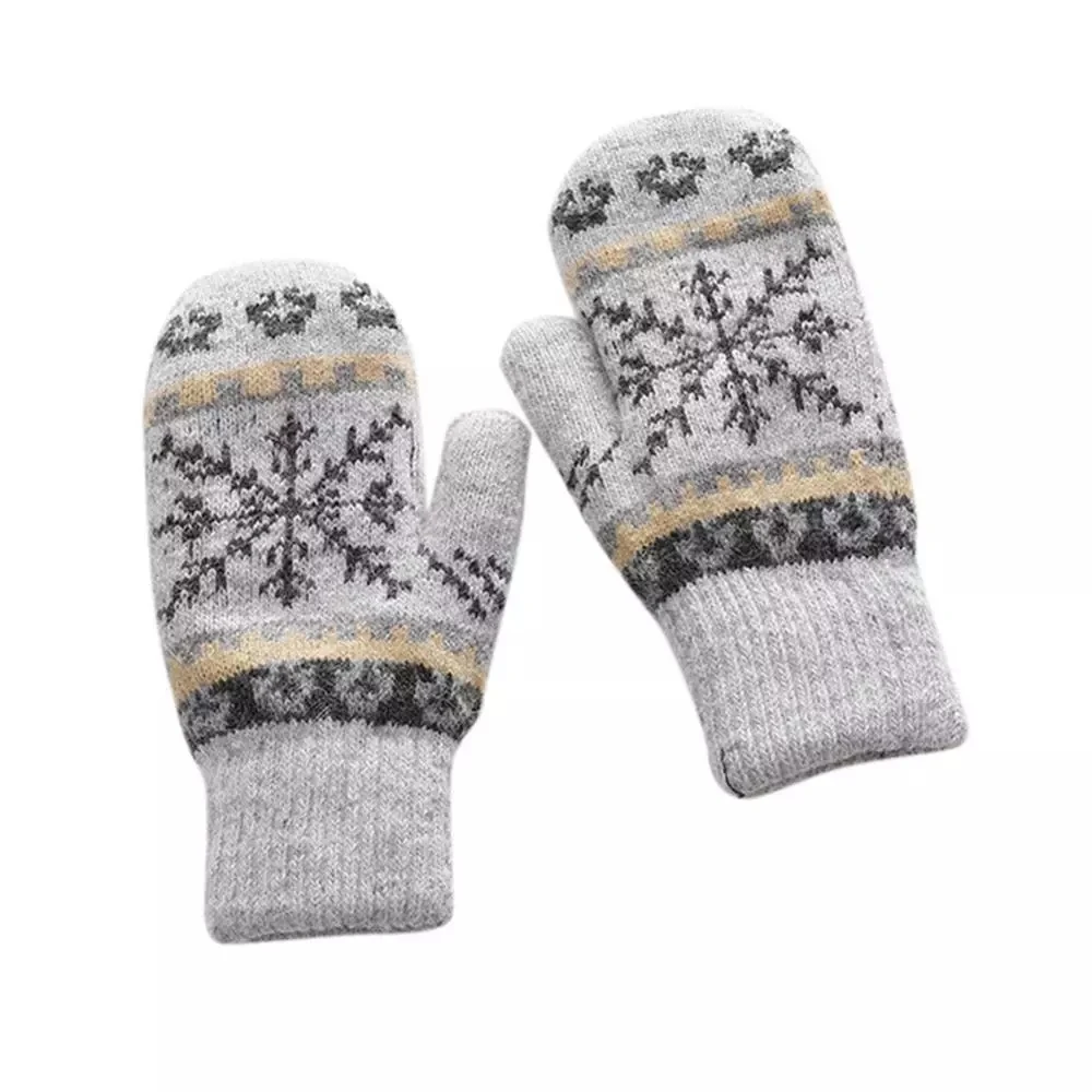 Korean Christmas Snowflake Pattern Woolen Knit Warm Mittens Winter Female Plus Velvet Thick Elastic Windproof Driving Glove H52