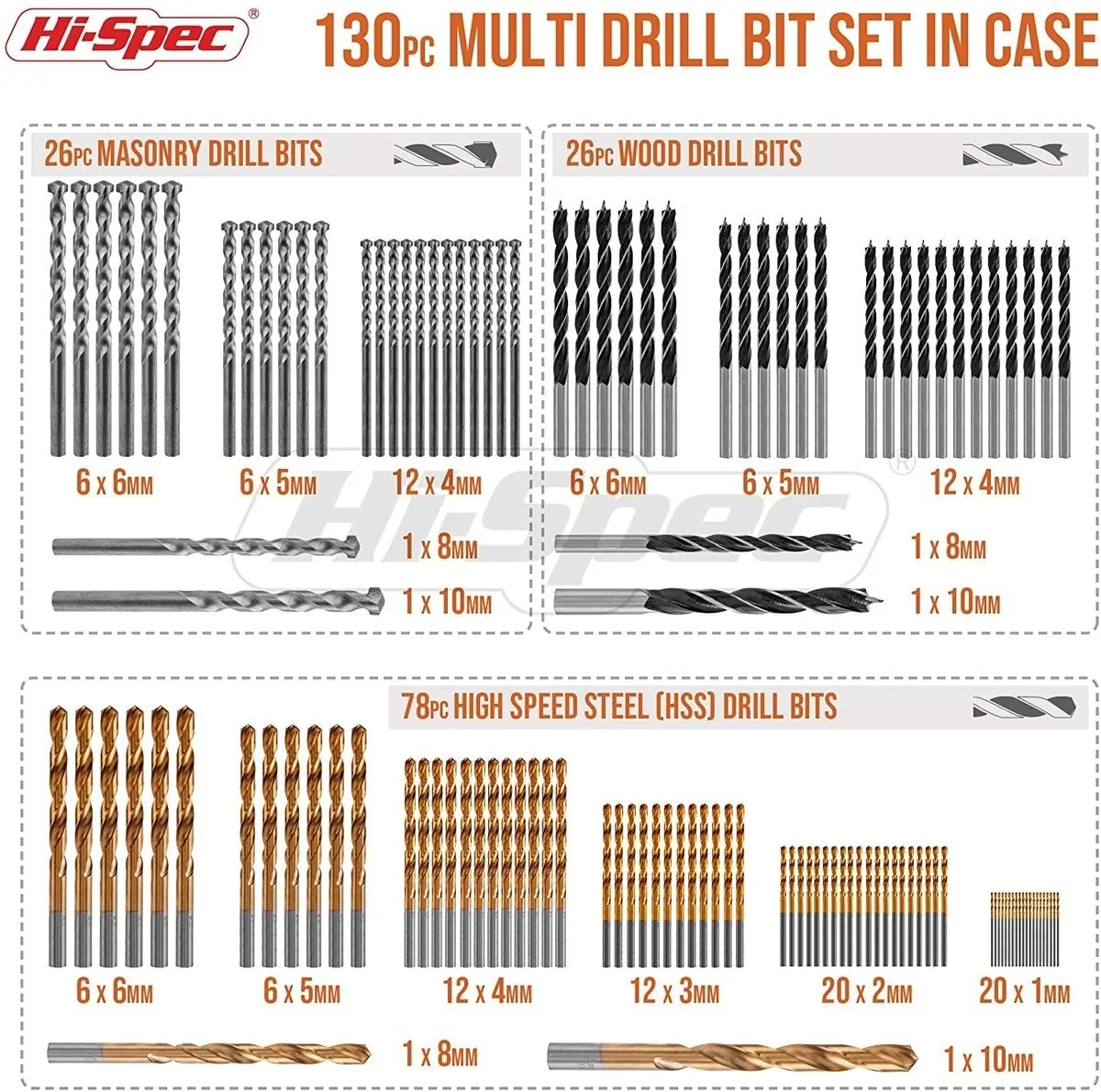 Hi-Spec Twist Drill Bit Set Titanium Coated HSS Drill Bits Power Tool Accessory Kit for Wood Metal Cement Plastic Drilling