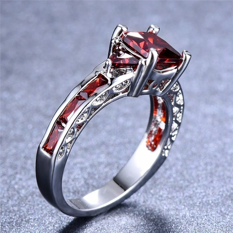 Fashion Women Princess Cut Garnet Red Ruby Wedding Ring Party Jewelry Gifts Size 6 7 8 9 10