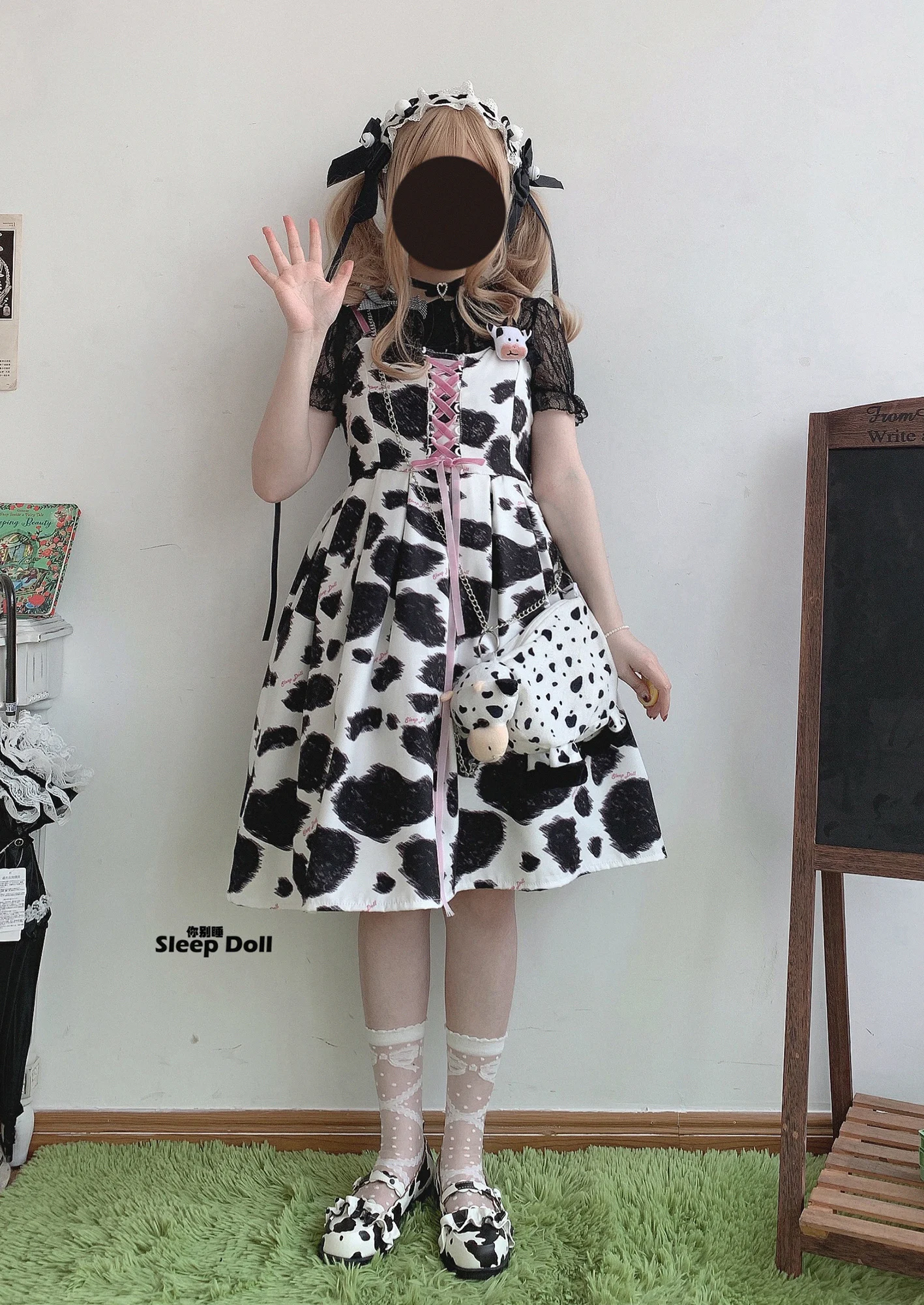 Robe d'uniforme plissée à col rond pour fille japonaise, gilet mignon imprimé de vache, Costume Cosplay quotidien, Loli