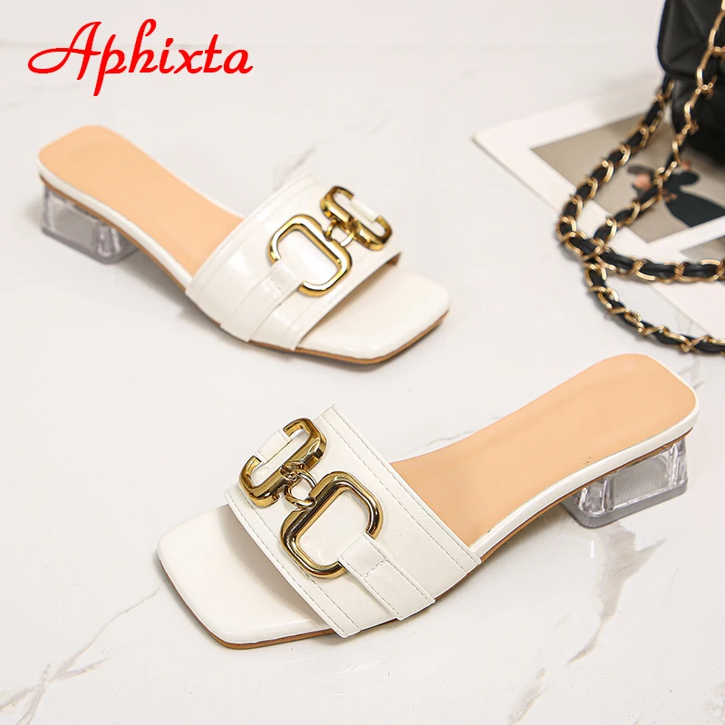 Aphixta 2022 Metal Buckle 3.5cm Transparent Square Heels Slides Women Peep Toe Mules Cool Summer Slippers Sandals Elegant Shoes