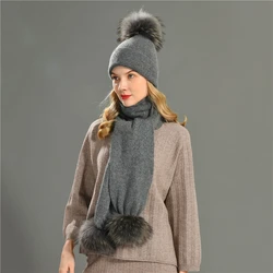 Conjunto de gorro y bufanda de punto de Cachemira con pompones de piel de mapache Real, gorros y bufandas gruesas, invierno, nuevo