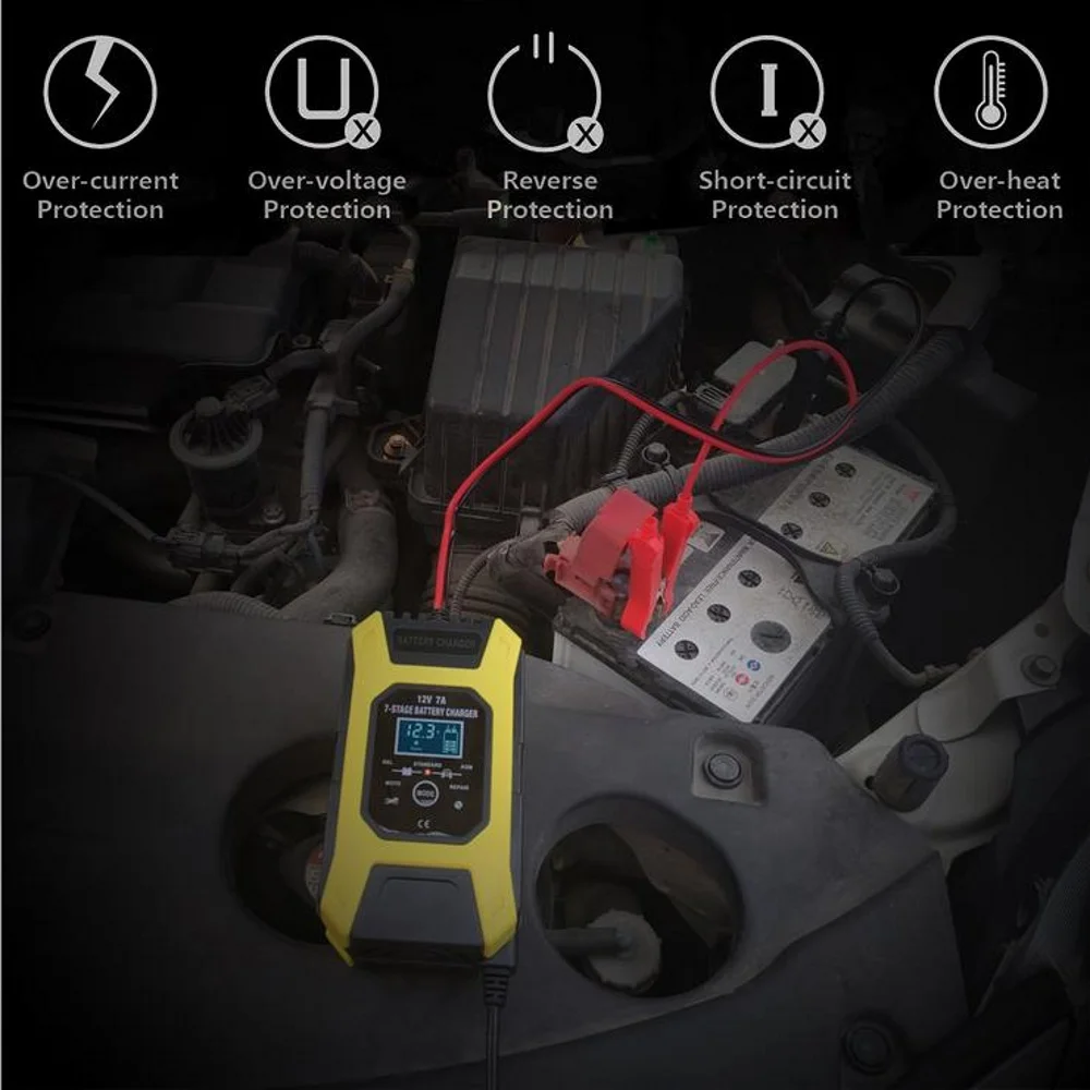 FOXSUR 12V 7A 7-stage Pulse Battery Charge, Deep cycle EFB GEL WET AGM Car Motorcycle Battery Charger, Maintainer & Desulfator