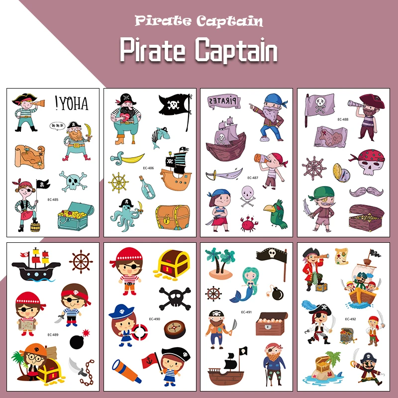 New Pirate Captain Waterproof Tattoo Stickers Treasure Hunt Funny Cartoon Children Tattoo Stickers Disposable Temporary Tattoos