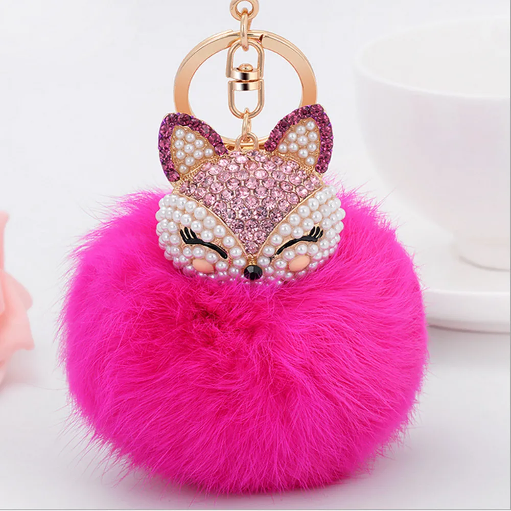 Fashion Keychain Keyring Rhinestone Hairy ball Vulpes Head Key Chain Ring A281