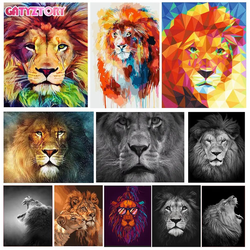 GATYZTORY DIY Painting By Numbers Lion Animals Oil Painting HandPainted Wall Decor Canvas Drawing Gift