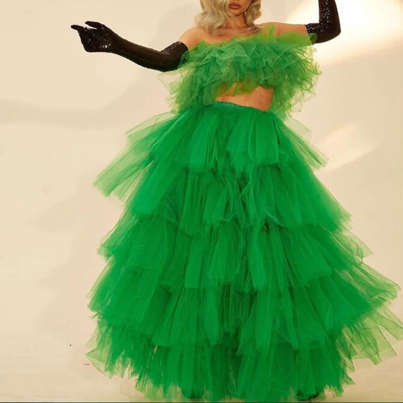 Chic Green Puffy Tulle Floor Length Skirts Ruffle Tiered Tutu Long Formal Skirts Maxi Skirts Custom Made