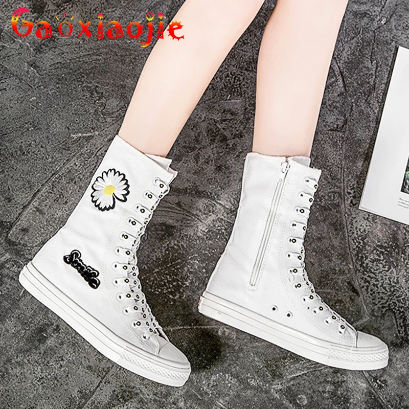 2021 Spring Autumn Middle Tube Canvas Daisy Decoration Side Zipper Women Shoes Soft Bottom Casual Fashion Comfortable Flat Shoes